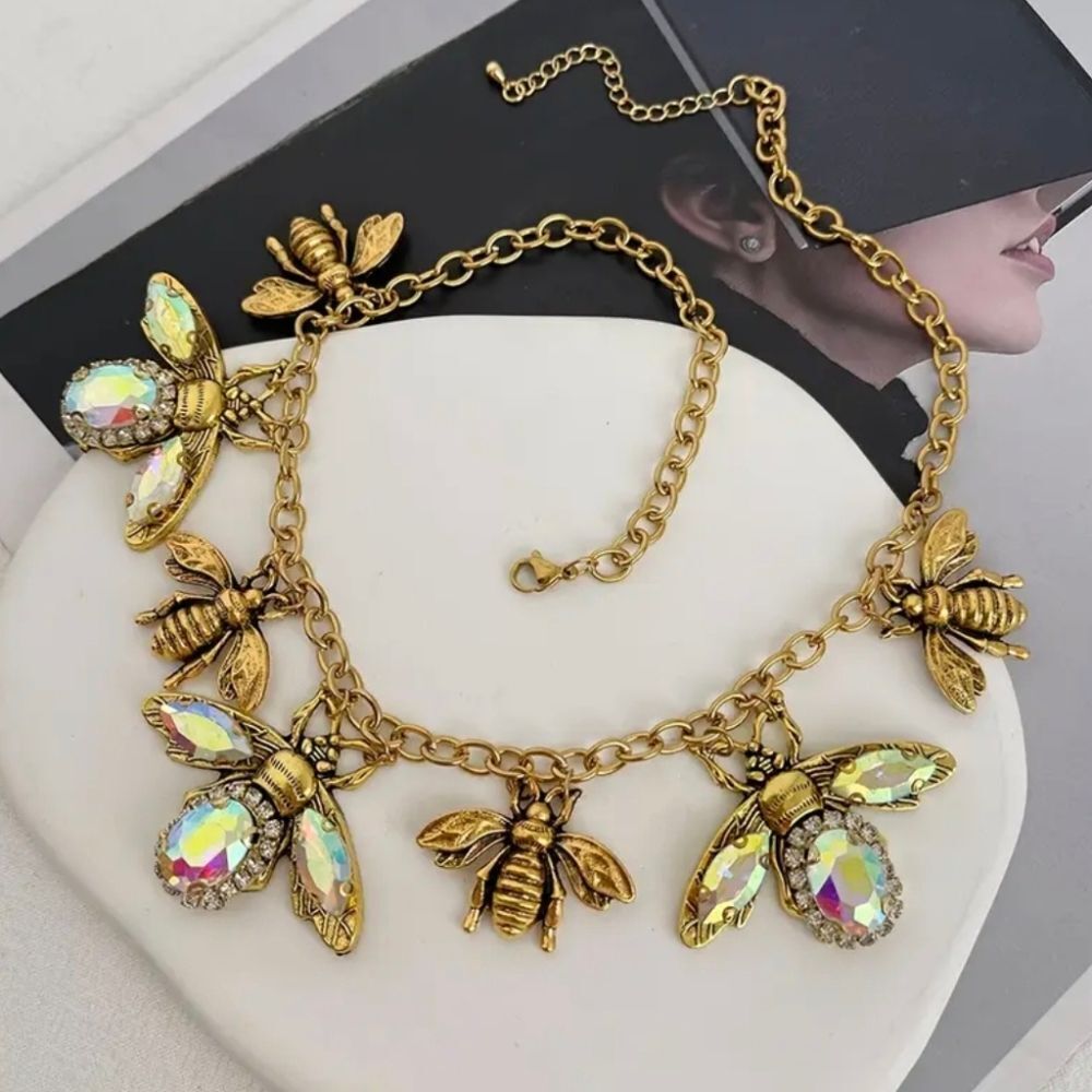 New 18k Gold Plated Bee With Gemstones Pendant Necklace